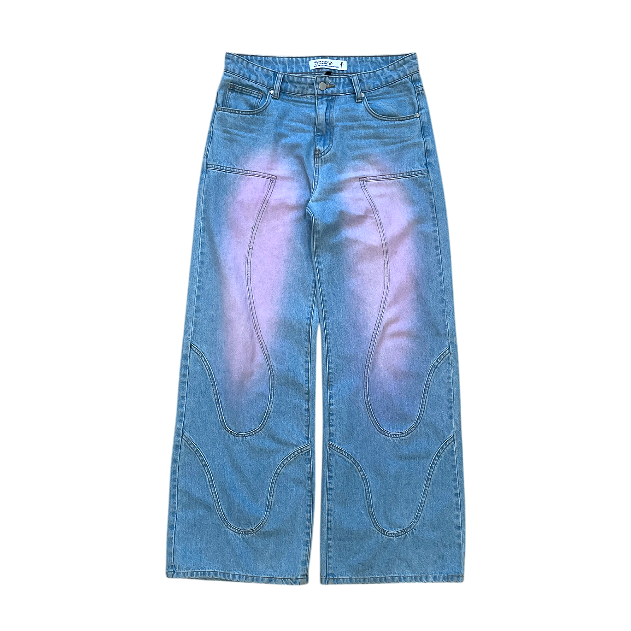 This image displays a pair of light washed denim jeans, featuring an intriguing purplish-pink hue on the front and back thigh areas. The jeans are designed with a baggy fit that provides comfort and a stylish, casual look.